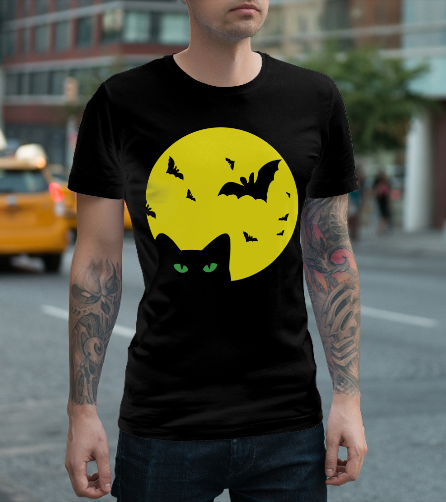 Cat Under Full Moon With Bats T-Shirt