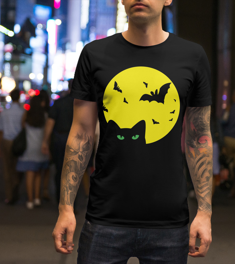 Cat Under Full Moon With Bats T-Shirt
