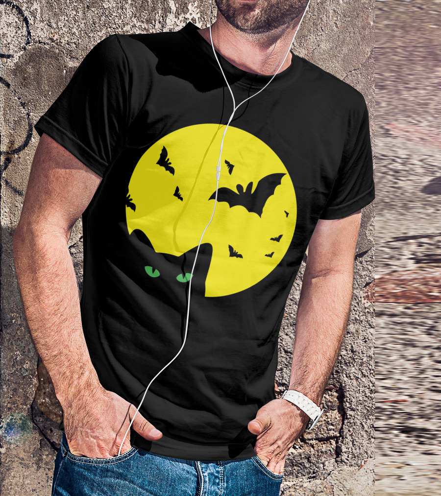 Cat Under Full Moon With Bats T-Shirt