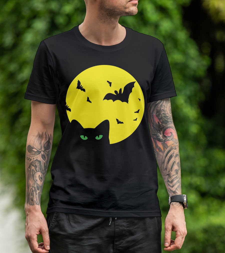 Cat Under Full Moon With Bats T-Shirt