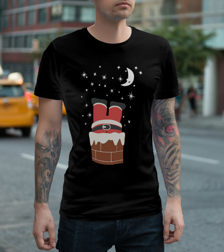 Santa Stuck in Snowy Chimney under Night Sky T-Shirt