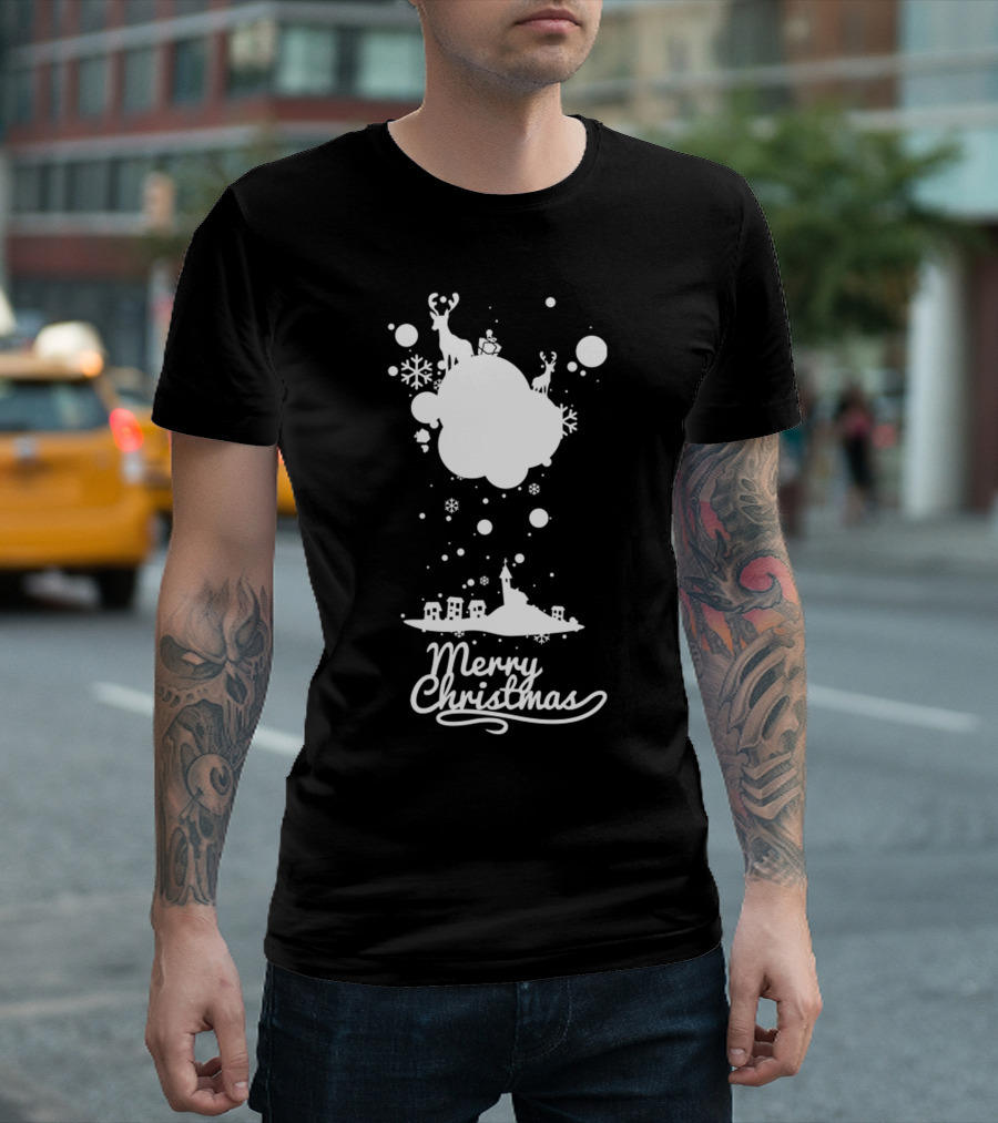 Merry Christmas Reindeer Santa Snowflakes and Village Scene T-Shirt