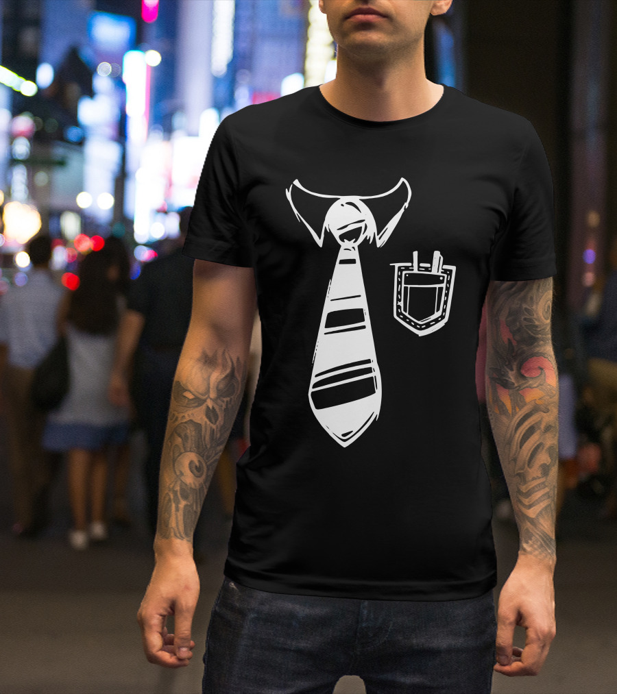 Striped Tie With Collar And Pocket Protector T-Shirt