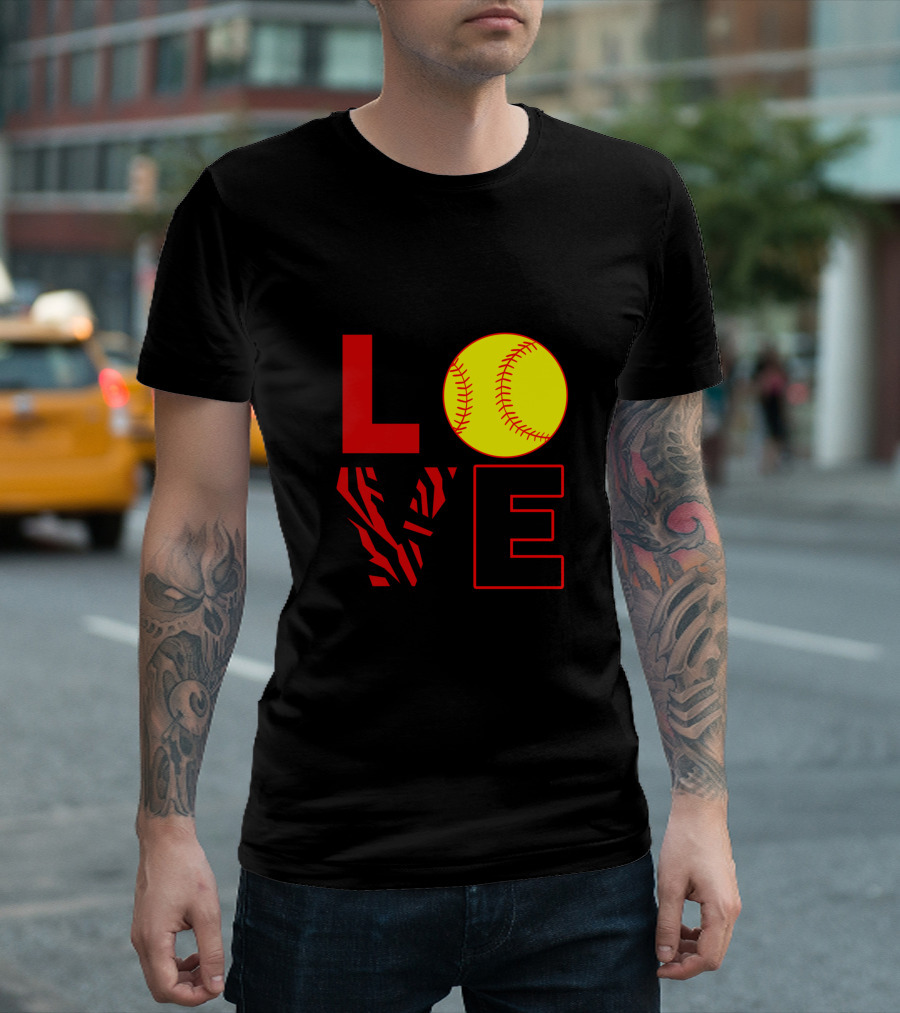 Love Softball Zebra Stitching Yellow Ball T-Shirt