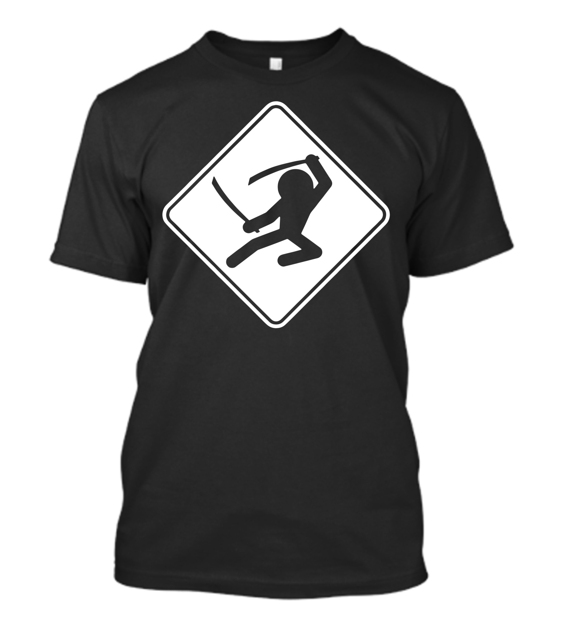 Ninja Crossing Sign Silhouette Sword Diamond Shape Caution T-Shirt