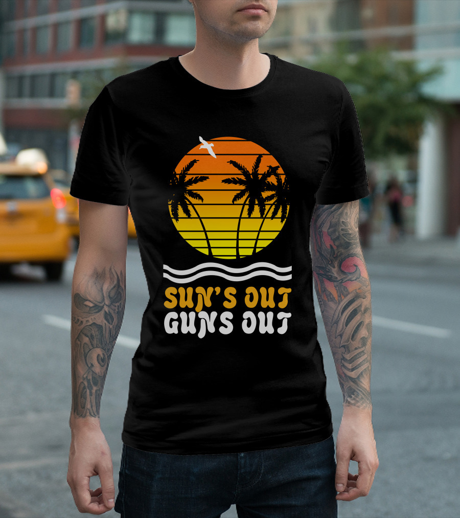 Sun's Out Guns Out Sunset Palms and Waves T-Shirt