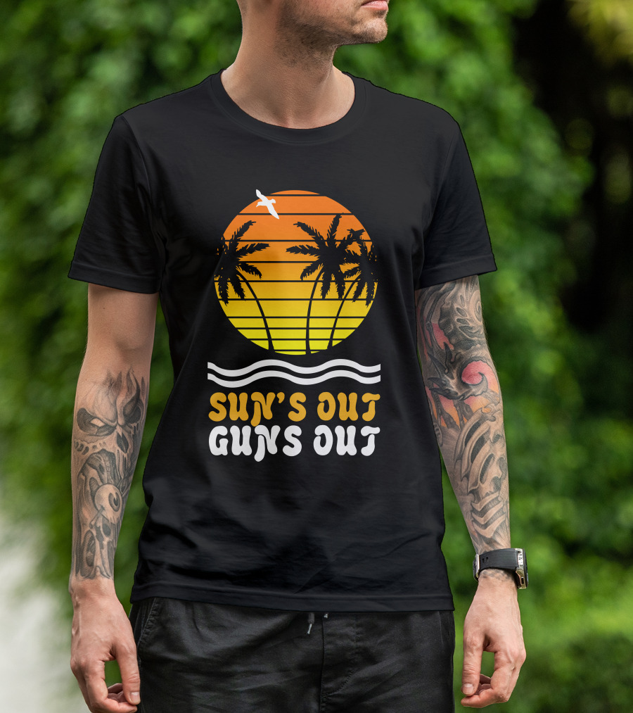Sun's Out Guns Out Sunset Palms And Waves T-Shirt