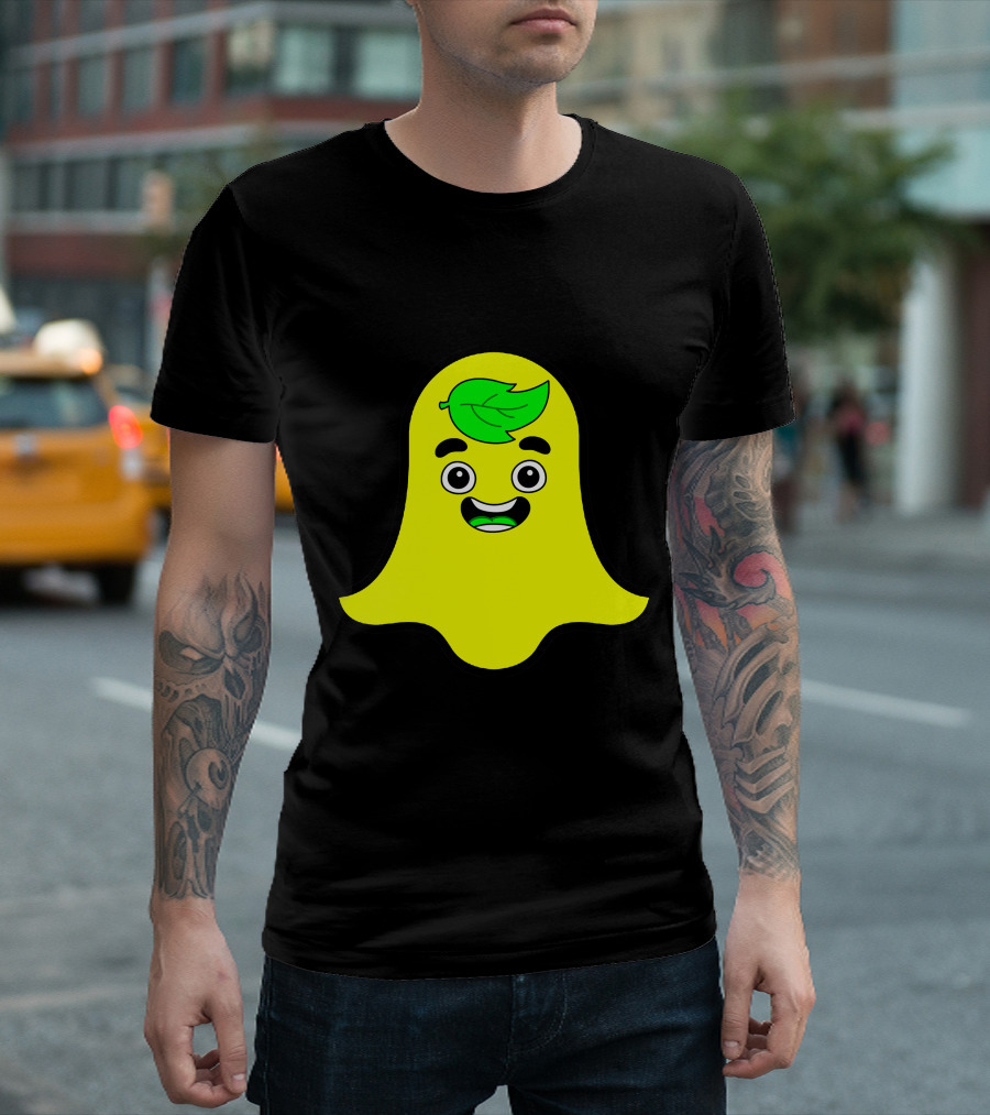 Guava Snap Ghost Emoji with Green Leaf Face T-Shirt