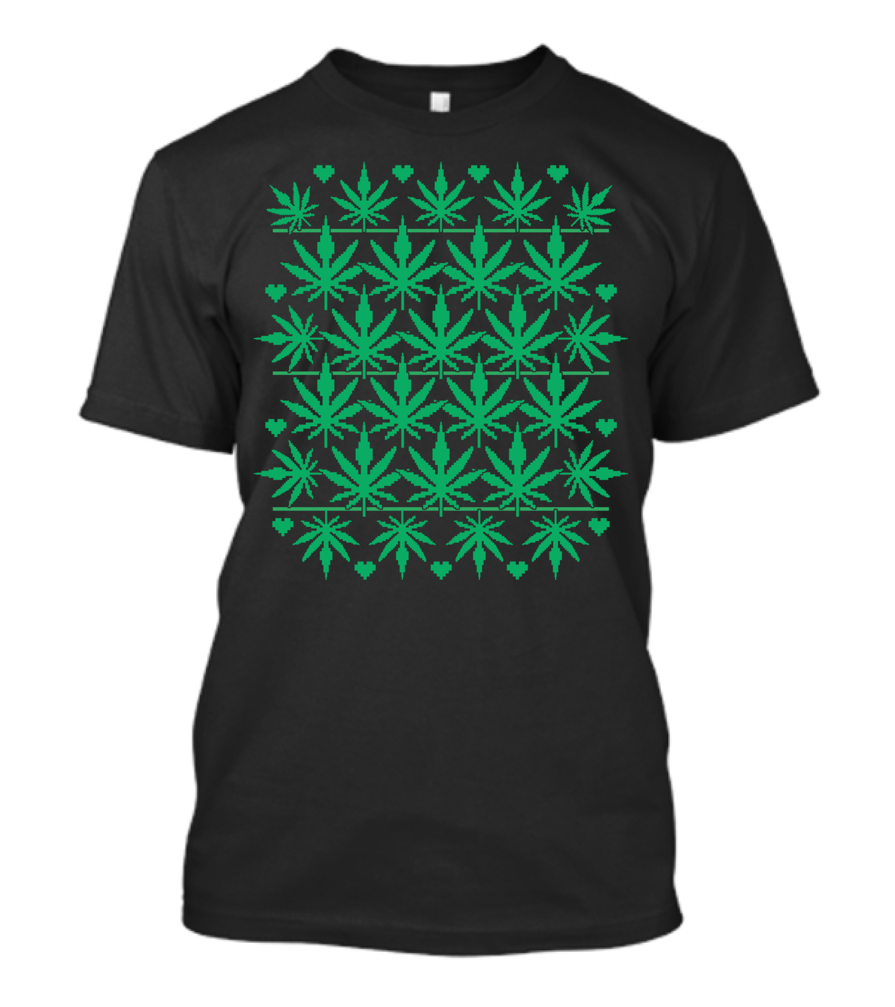 Marijuana Leaf Ugly Christmas Sweater Pattern Green Pixel Hearts T-Shirt
