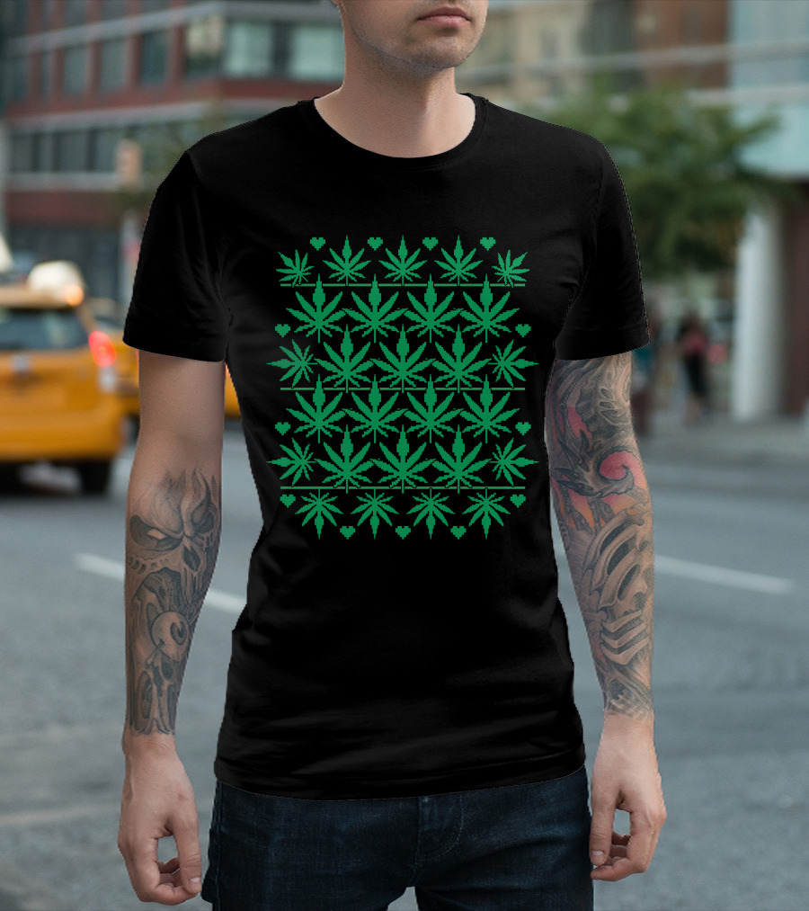 Marijuana Leaf Ugly Christmas Sweater Pattern Green Pixel Hearts T-Shirt