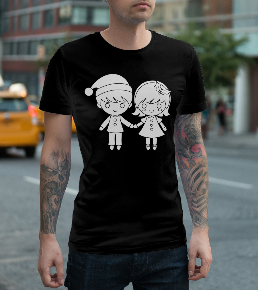 Mery and Holiday Couple Holding Hands with Christmas Hat and Holly T-Shirt