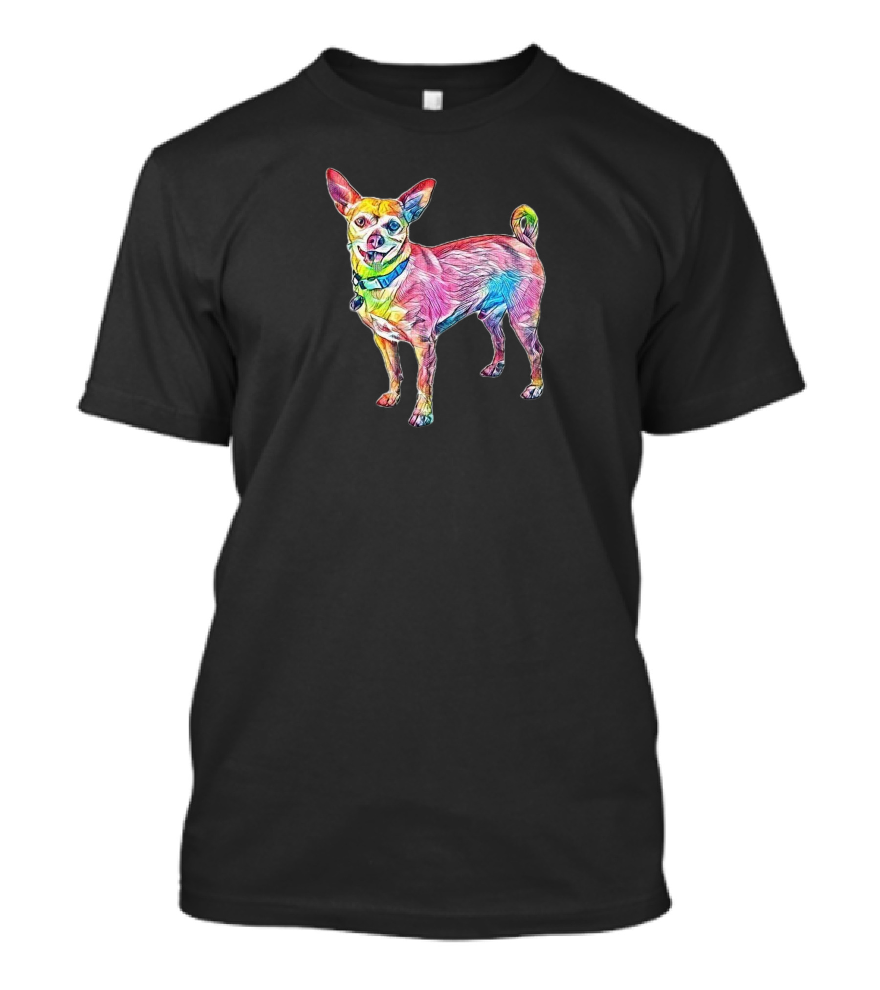 A Happy Little Chihuahua Dog With Colorful Artistic T-Shirt