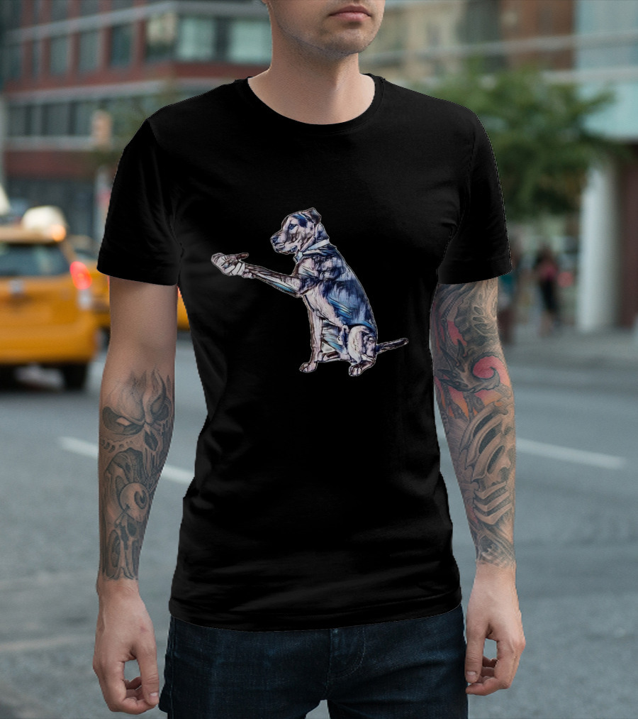 An Adult Mixed Large Breed Dog Holding A Sausage T-Shirt
