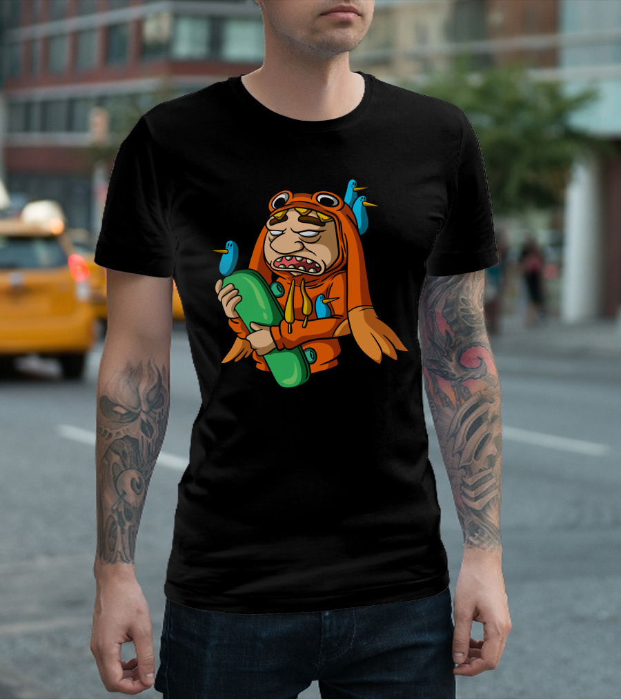 Bad Skateboard Man With Fish Hoodie And Angry Birds T-Shirt