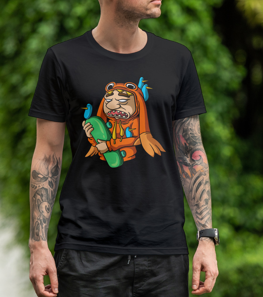 Bad Skateboard Man With Fish Hoodie And Angry Birds T-Shirt