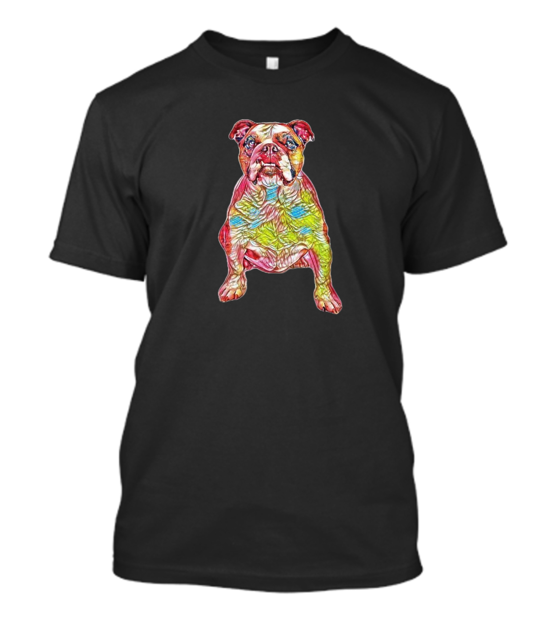 Bulldog Sitting Vivid Multicolor Art Against T-Shirt