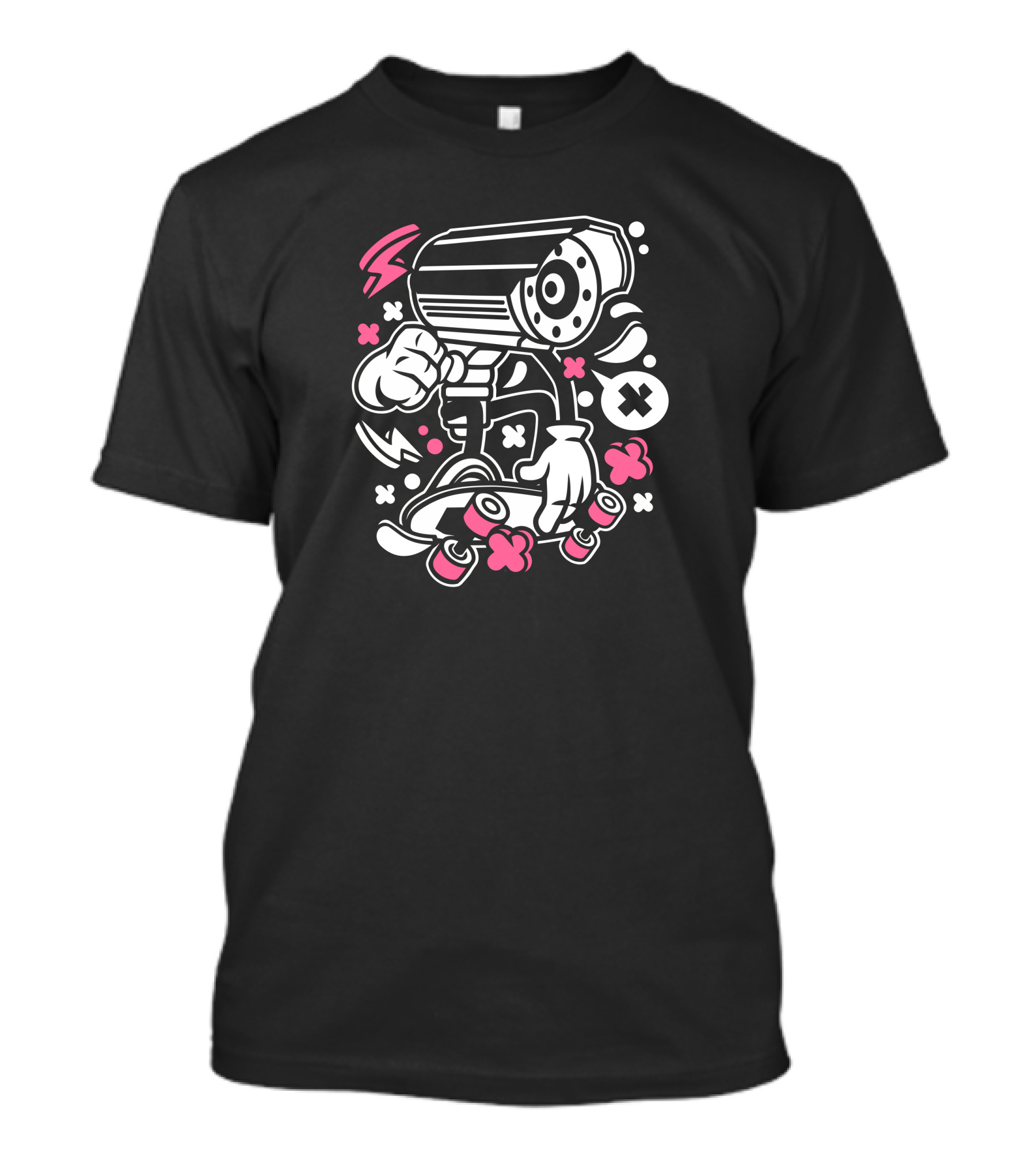 Camera Skate Cartoon Character On Skateboard With Pink And White Accents T-Shirt