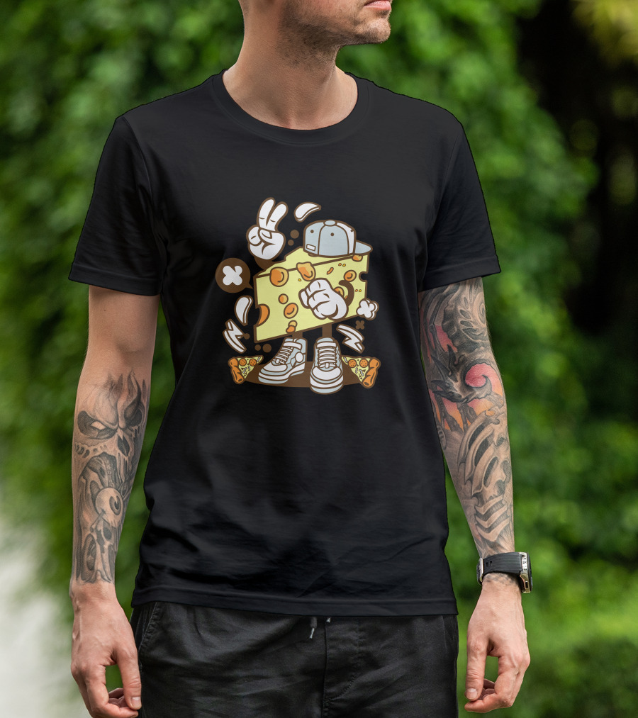 Cheese Cartoon With Sneakers And Pizza Elements T-Shirt
