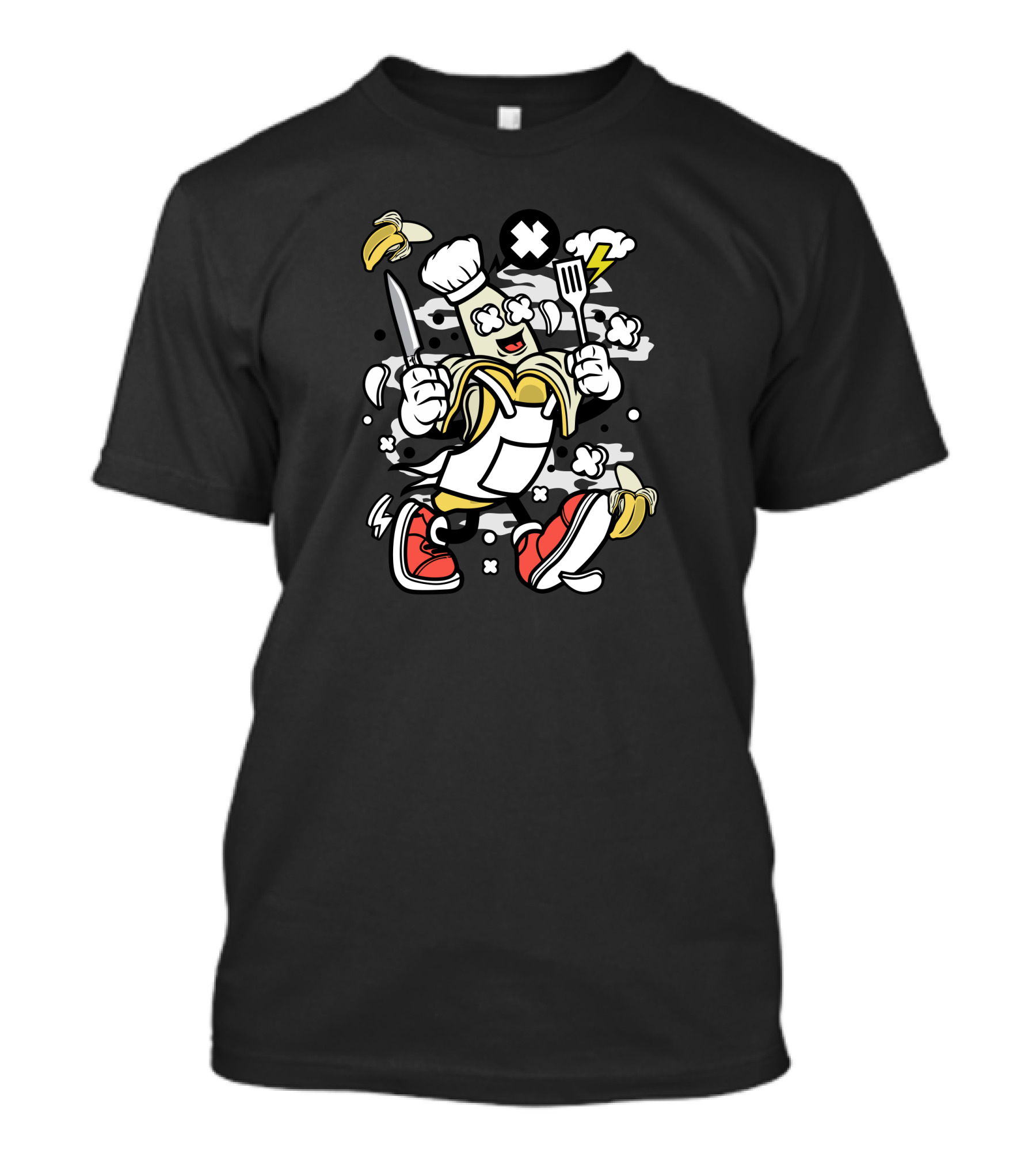 Chef Banana Cooking Cartoon With Knife And Spatula In Red Sneakers T-Shirt