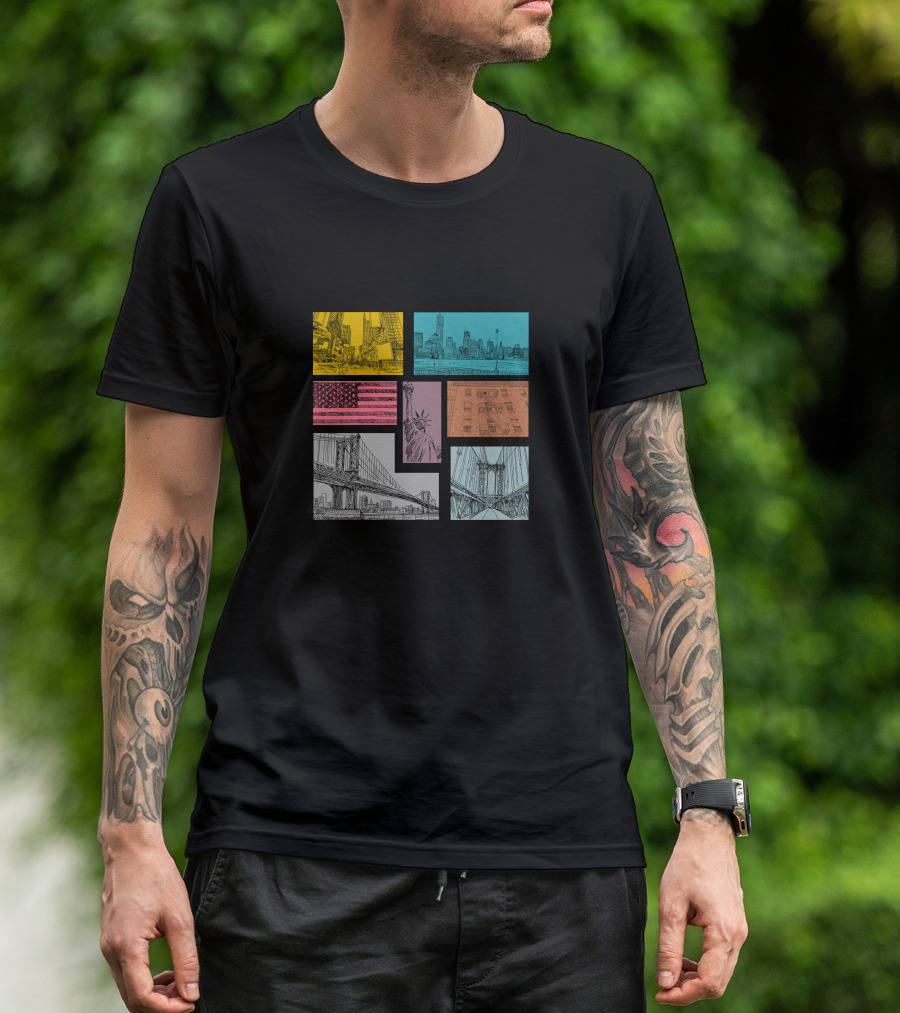 New York City Skyline Statue Liberty Brooklyn Bridge American Flag T-Shirt