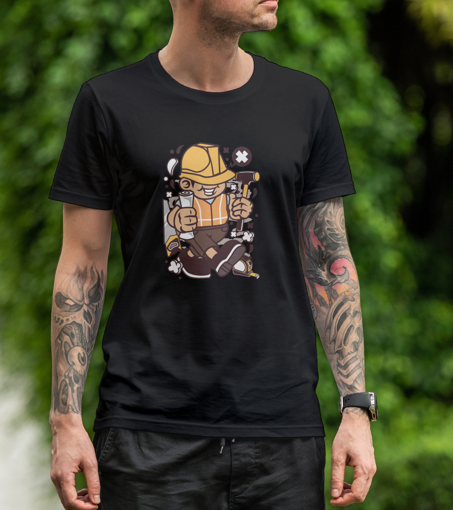 Construction Worker Cartoon With Hard Hat And Tools T-Shirt