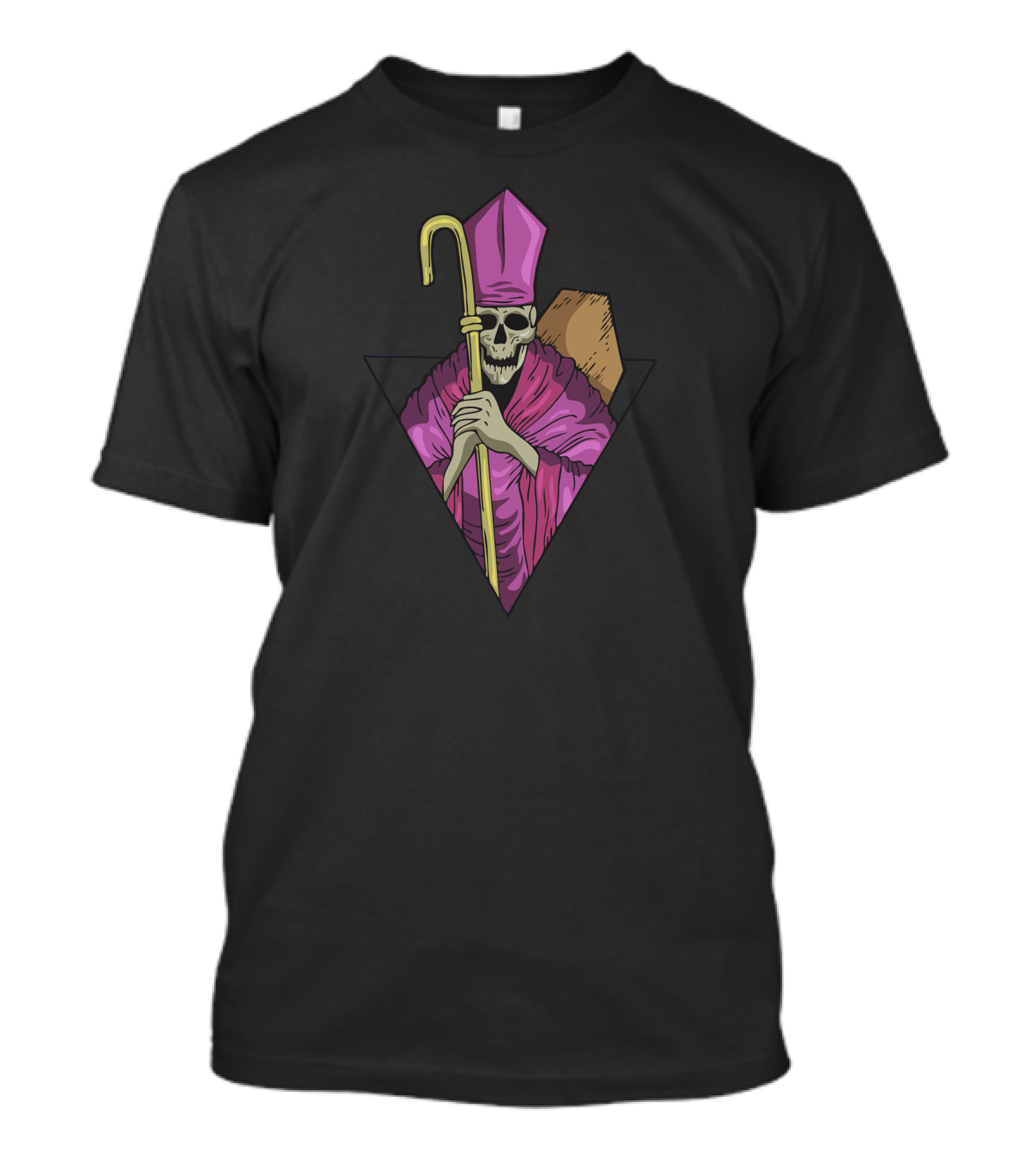 Creepy Priest Skull With Purple Bishop Robe And Staff T-Shirt