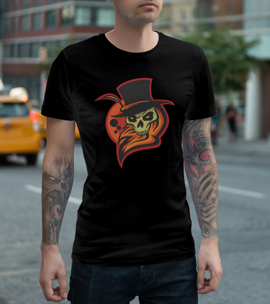 Evil Hat Flaming Skull With Top Hat In Front Of Fiery Orange Moon T-Shirt