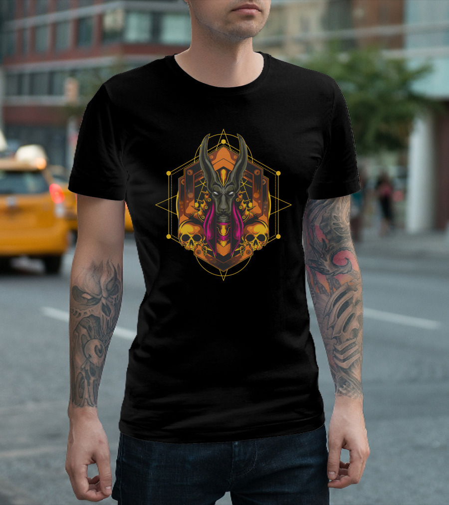 Gold Armor Anubis Geometric Design With Skulls And Sacred Geometry Symbols T-Shirt