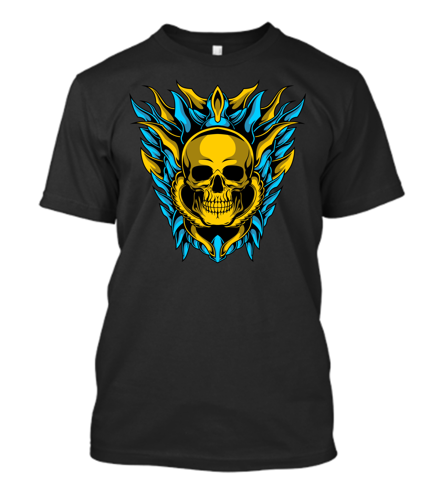 Gold Skull Surrounded By Blue And Gold Flame-like Shield T-Shirt