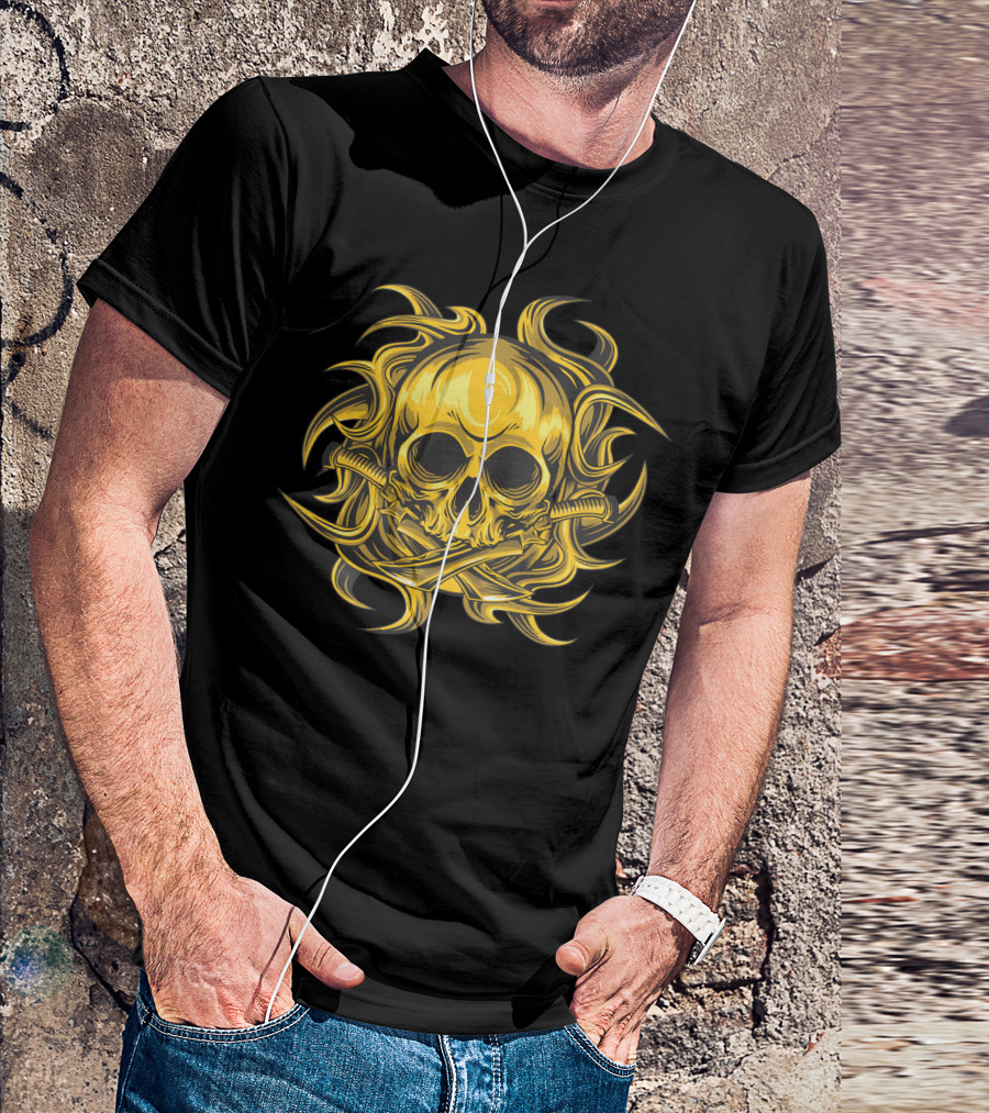 Golden Tribal Skull Swords And Flames T-Shirt