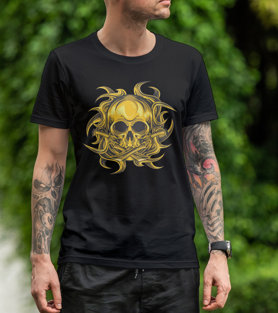 Golden Tribal Skull Swords And Flames T-Shirt
