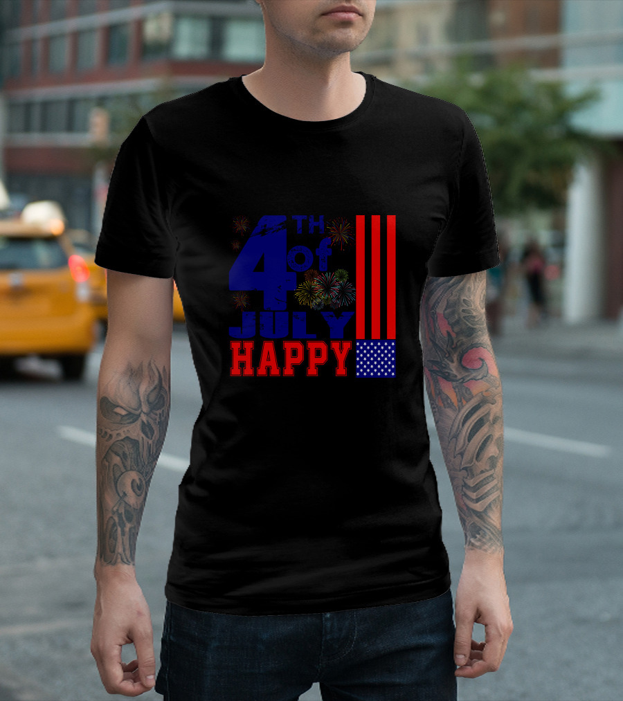 Happy 4Th Of July With Fireworks And Patriotic Symbols T-Shirt