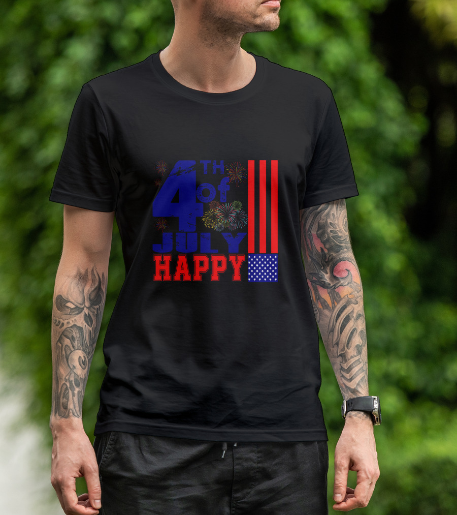 Happy 4Th Of July With Fireworks And Patriotic Symbols T-Shirt
