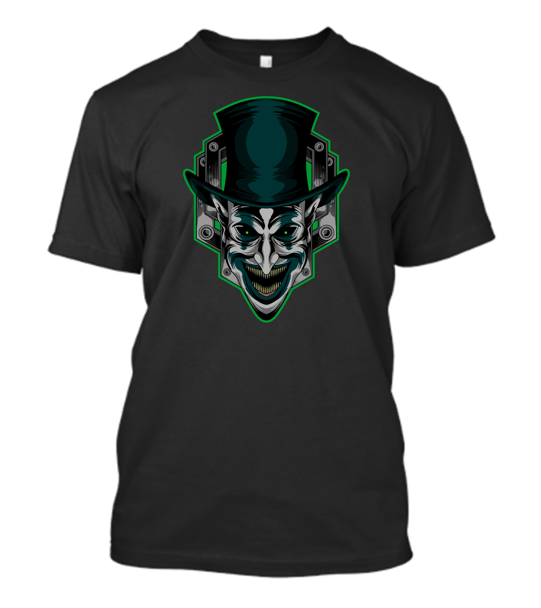 Happy Face Clown Evil Grin Top Hat Mechanical Green Accents T-Shirt