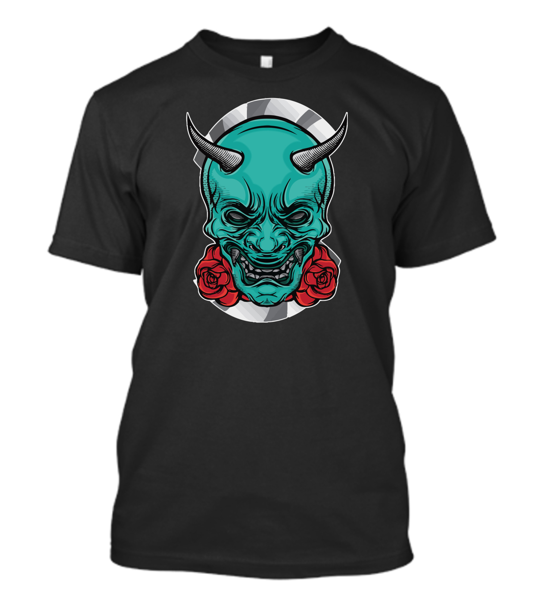 Japan Mask Oni Green Demon Red Roses T-Shirt