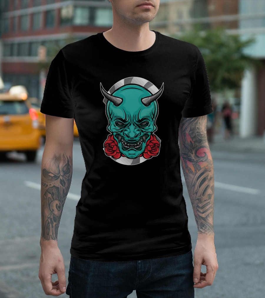 Japan Mask Oni Green Demon Red Roses T-Shirt