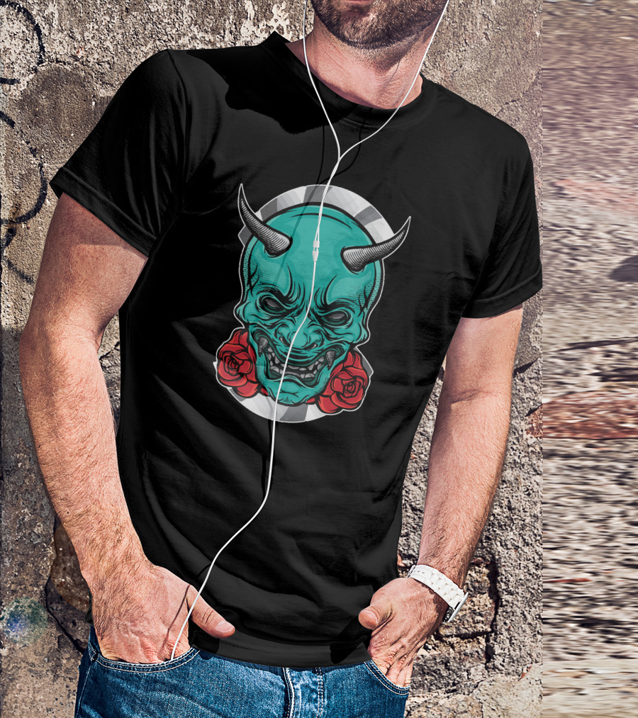 Japan Mask Oni Green Demon Red Roses T-Shirt