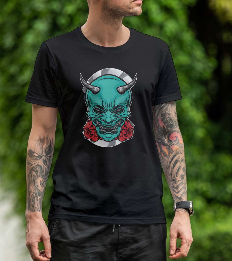 Japan Mask Oni Green Demon Red Roses T-Shirt