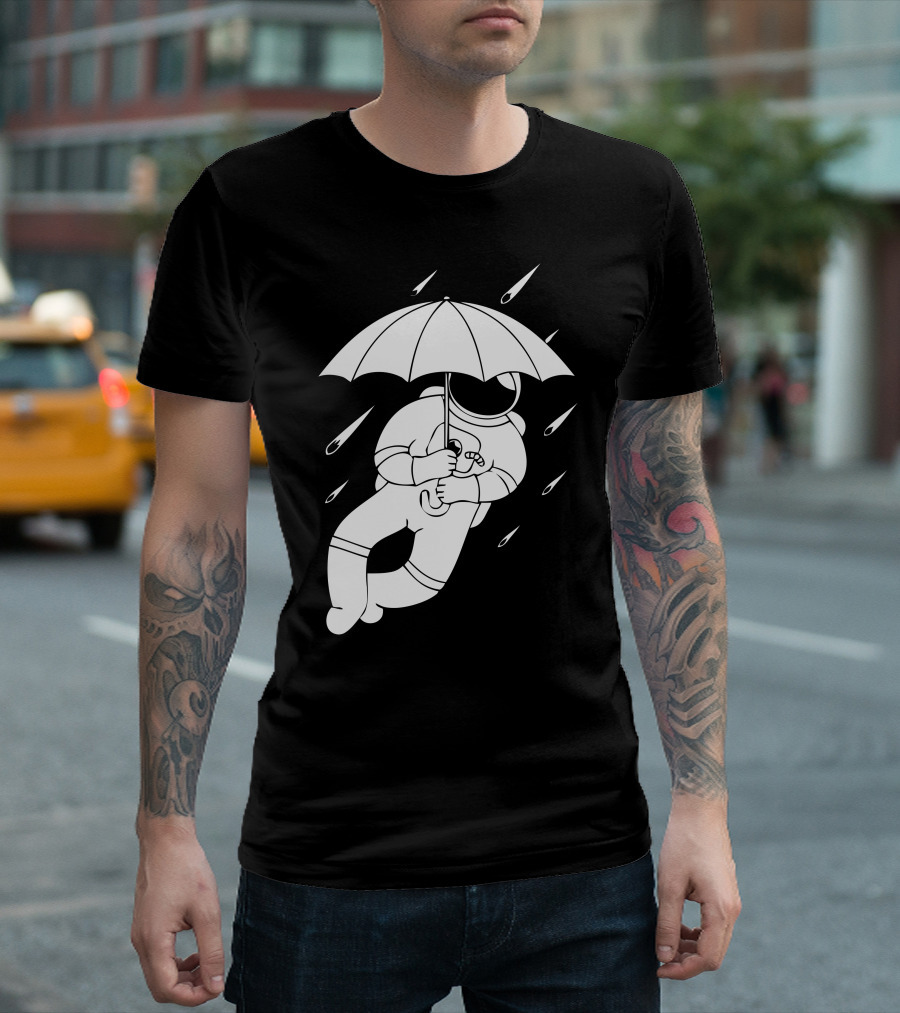 Meteor Rain Astronaut Umbrella Floating in Space T-Shirt