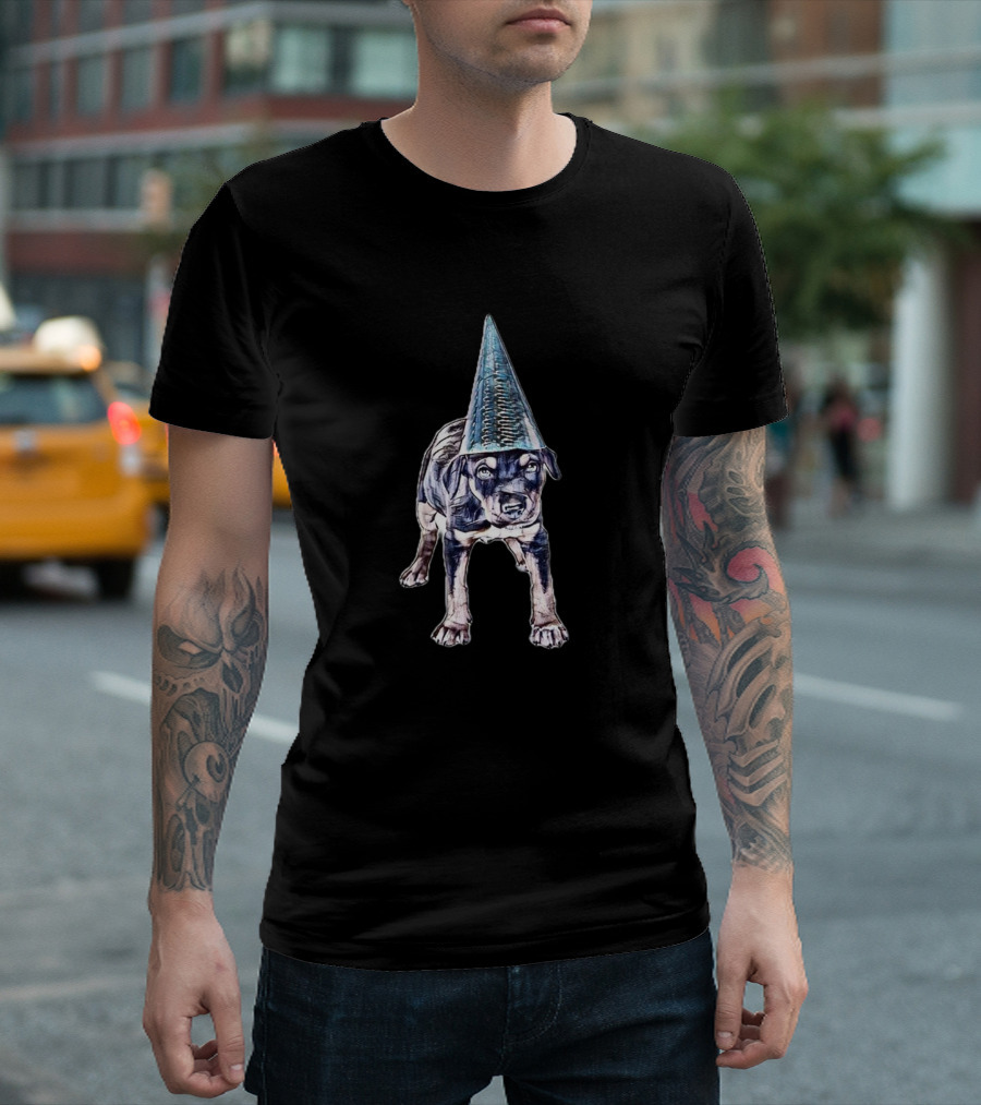 Eight Week Old Mixed Breed Puppy Wearing Blue Party Cone Hat T-Shirt