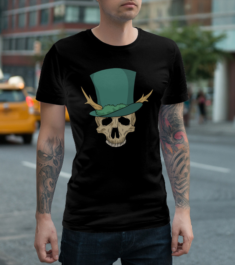 Nice Hat Skull with Green Top Hat and Antlers T-Shirt