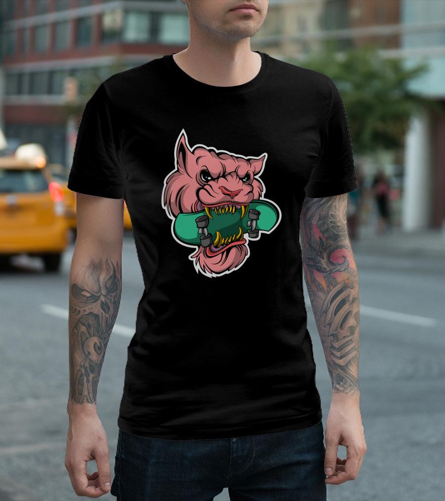 Pink Cat Fierce Skateboard Bite T-Shirt