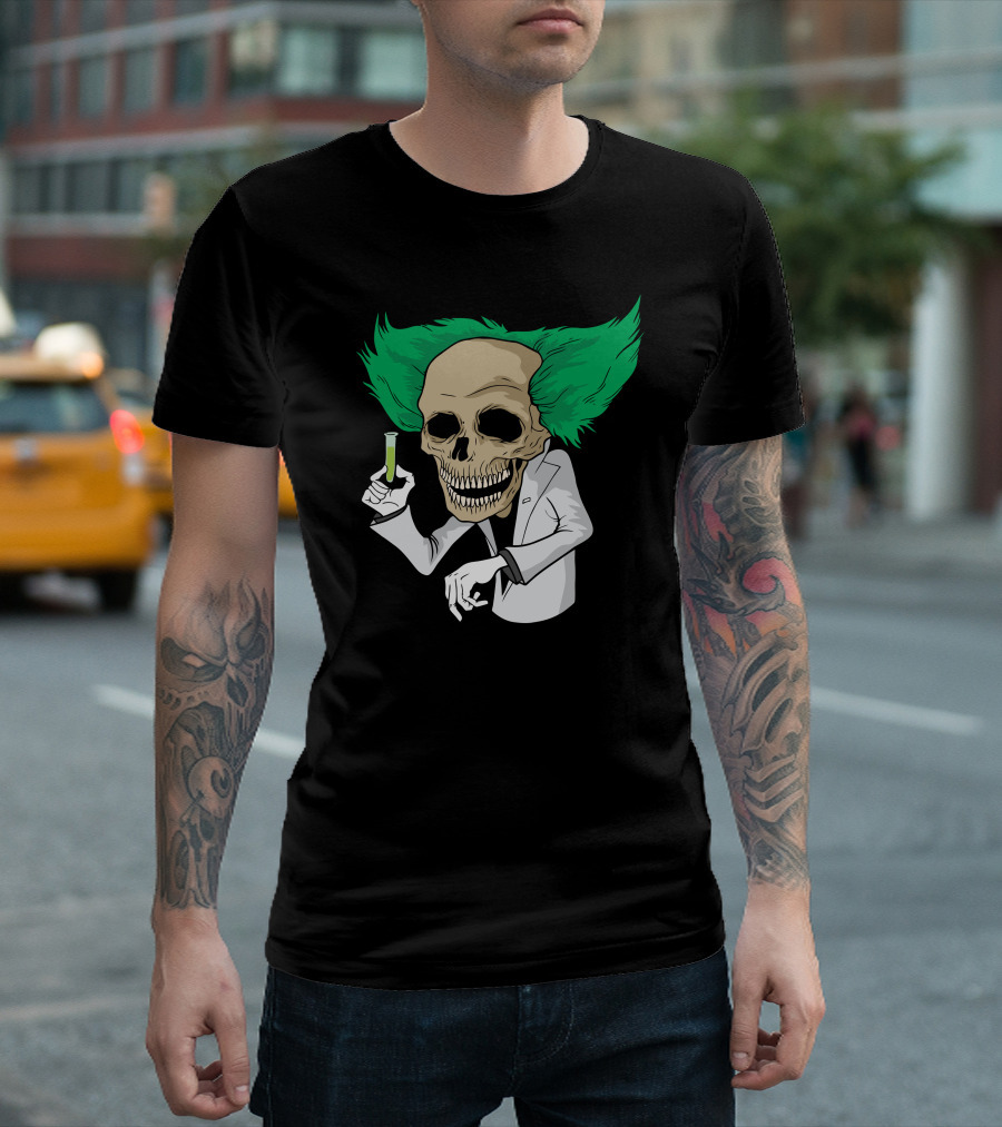 Professor Dead Green Hair Skull Scientist T-Shirt