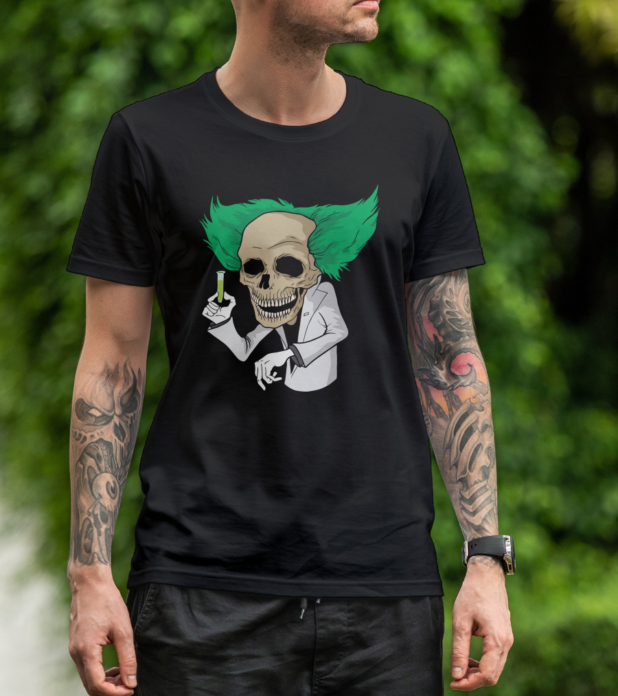 Professor Dead Green Hair Skull Scientist T-Shirt