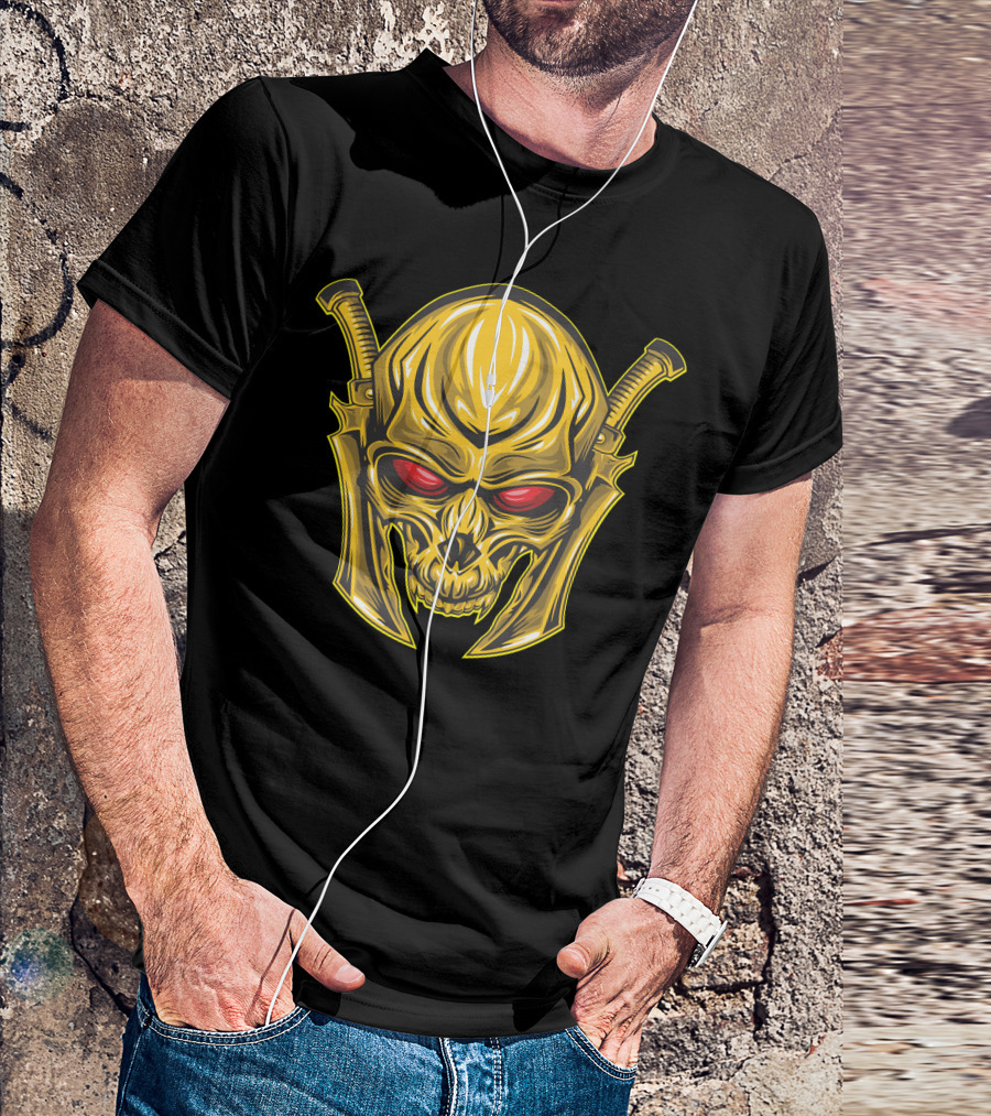 Red Eyed Golden Skull Warrior With Swords T-Shirt