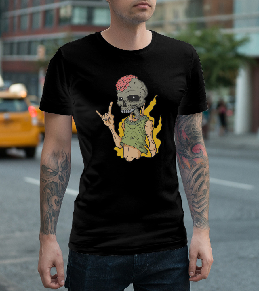 Rock And Skull Undead Hand Gesture On Fire T-Shirt