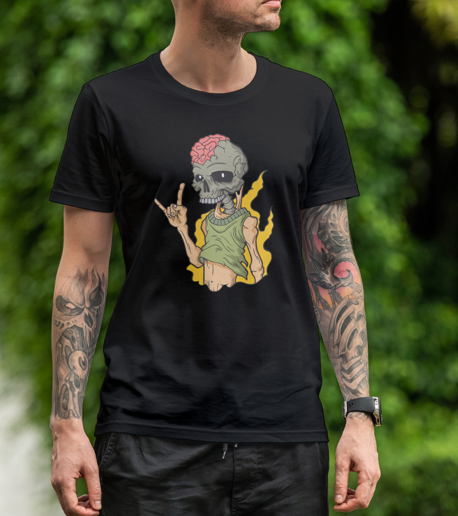 Rock And Skull Undead Hand Gesture On Fire T-Shirt