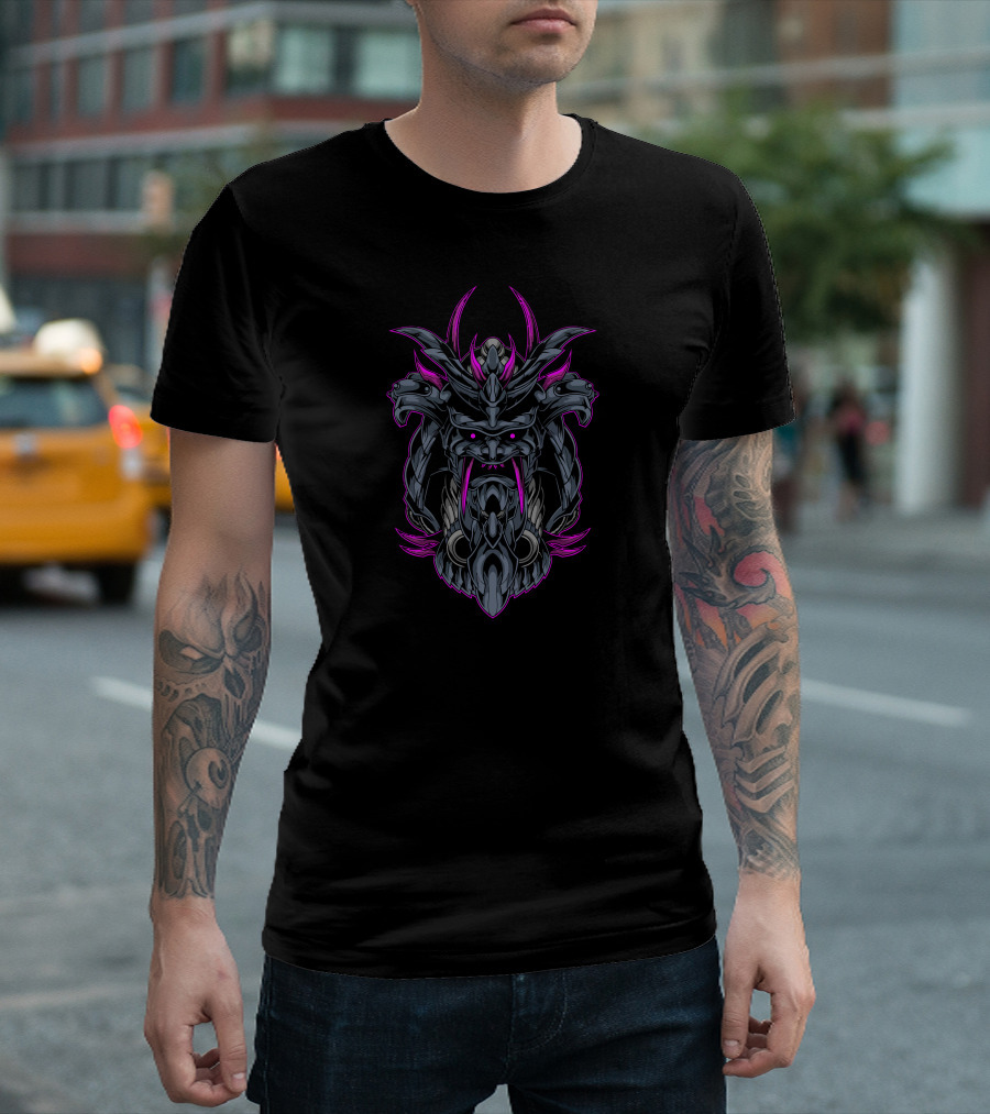 Samurai Robot Purple Warrior Helmet With Neon Accents T-Shirt