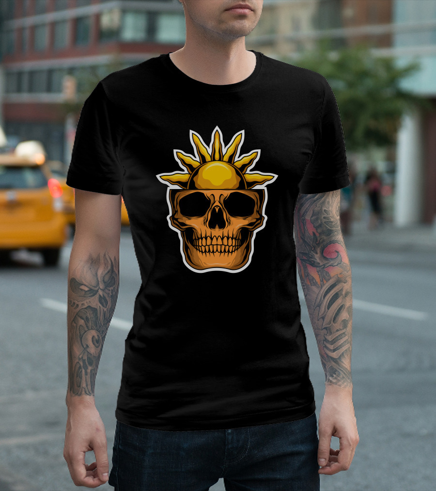 Skull Biker Sun Head Icon With Radiant Sunshine Crown T-Shirt