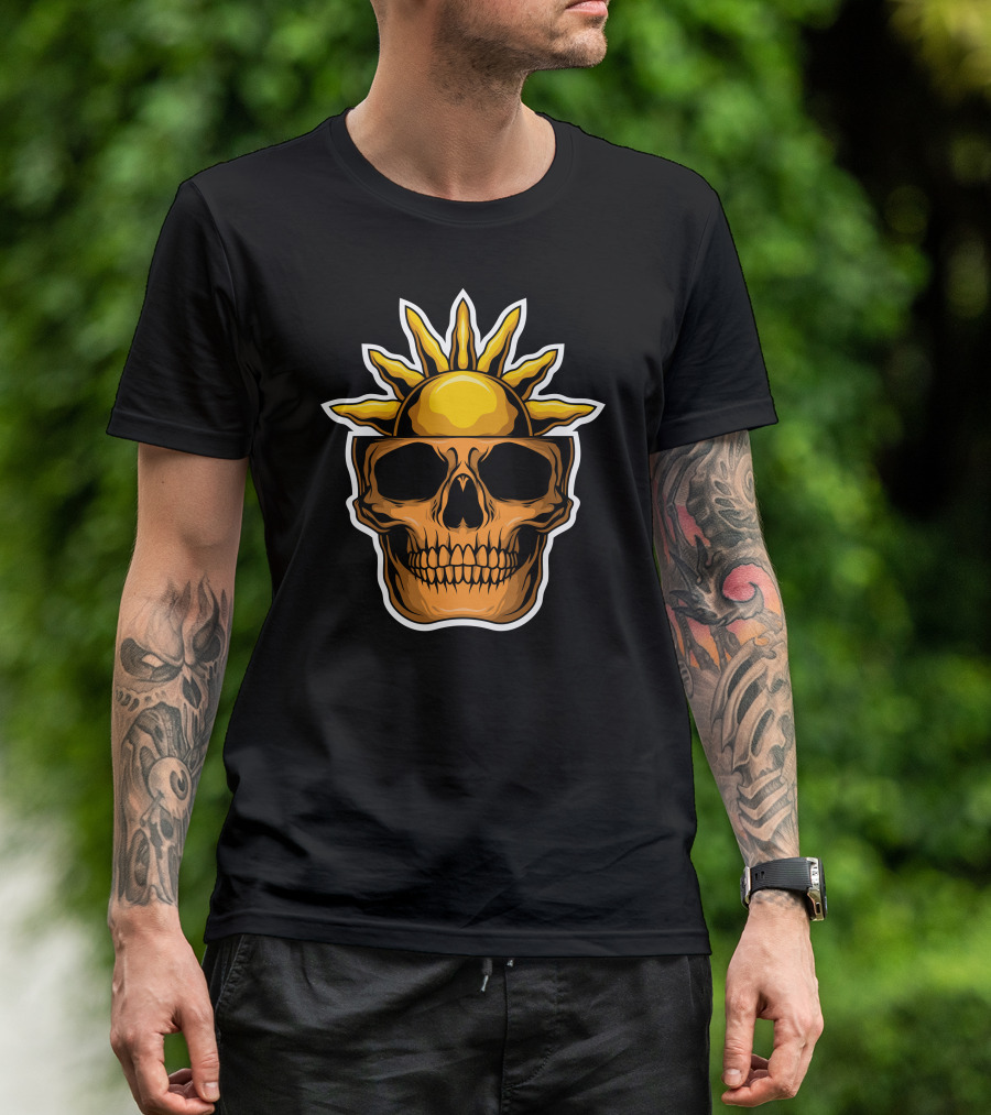 Skull Biker Sun Head Icon With Radiant Sunshine Crown T-Shirt
